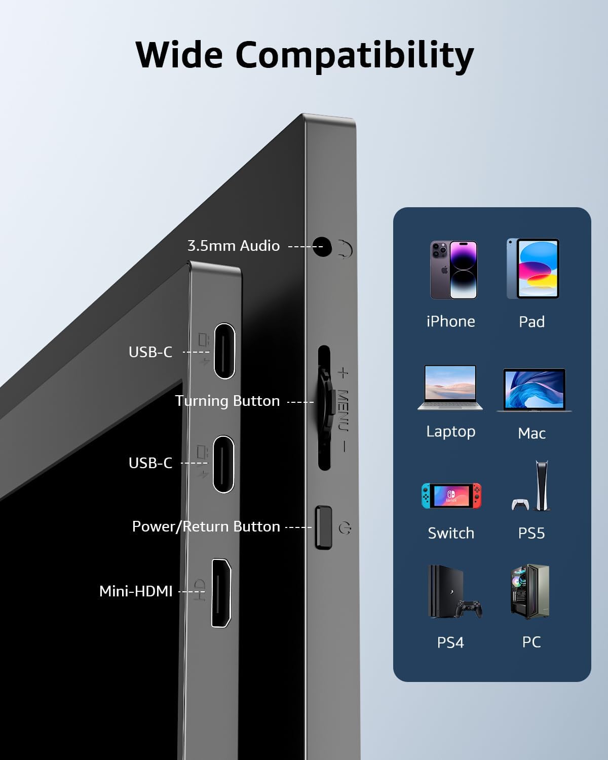 Yodoit Portable Monitor, 15.6" 1920×1080P FHD Screen IPS Display with Kickstand, USB-C & HDMI Connectivity, Built-in Speakers, for Laptop/PC/Mac/PS3/4/5/Xbox